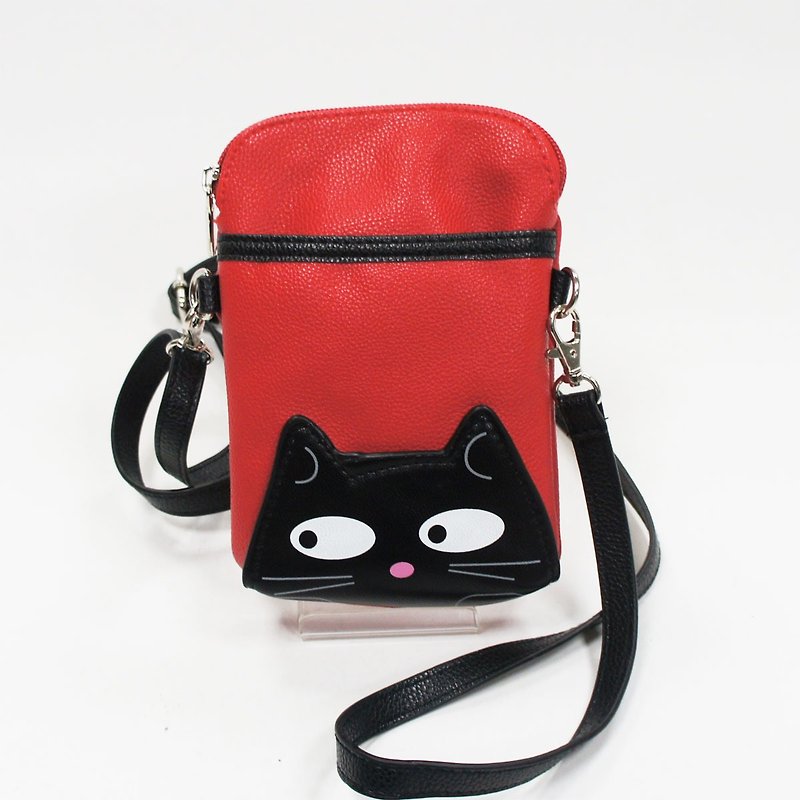 可愛小黑貓童趣手機斜背包/隨身包/動物包 - 酷樂村  現貨販售 - 側背包/斜孭袋 - 人造皮革 紅色