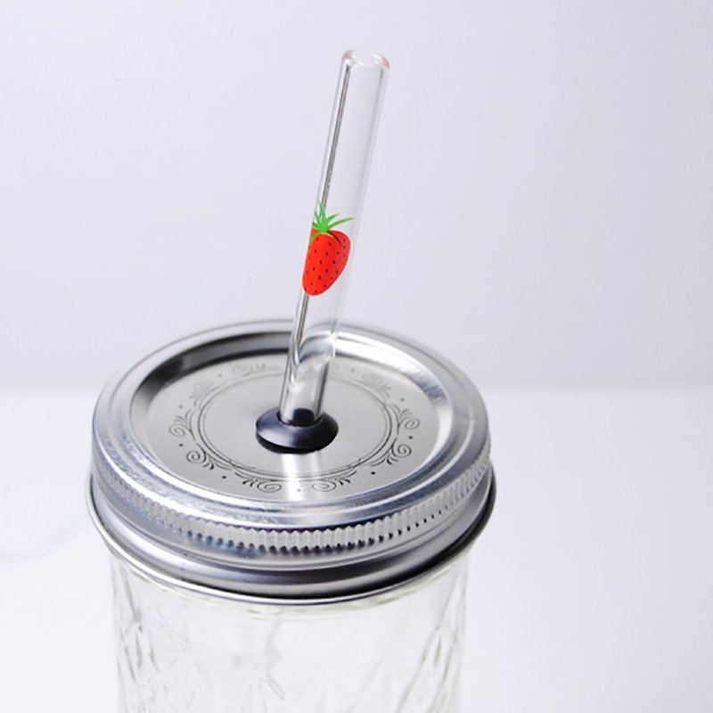With glass engraving and lettering 20cm (caliber 0.8cm) flat strawberry glass straw (with small brush) - หลอดดูดน้ำ - แก้ว สีแดง