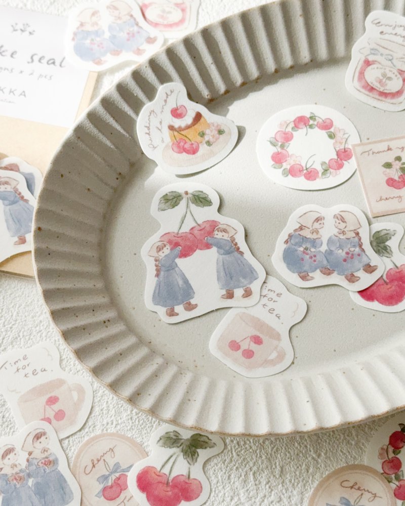 Cherry and Twin Girls Flake Stickers | Translucent Masking Tape Material, Small Size, Perfect for Journal Decor - Stickers - Paper 