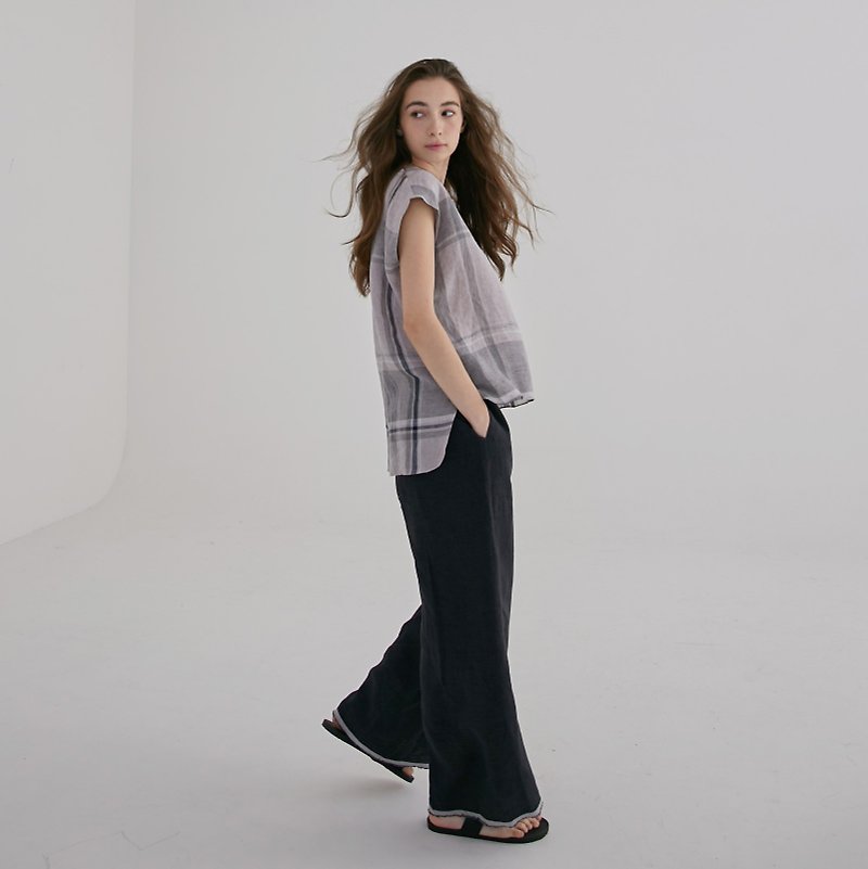Small bag sleeves short front and long back linen top - plaid - เสื้อผู้หญิง - ผ้าฝ้าย/ผ้าลินิน 