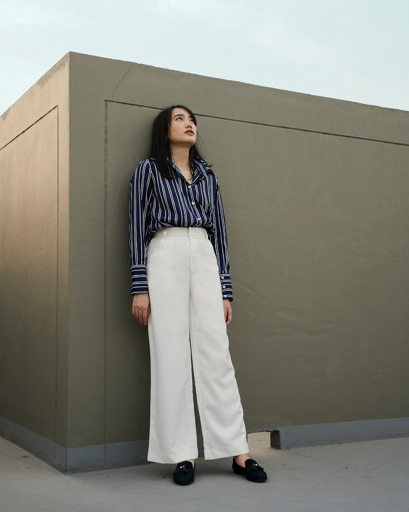 (SIZE S) WHITE WIDE LEG BASIC PANTS WITH HIGH WAIST AND FLY FRONT ZIPPER - 闊腳褲/長褲 - 其他材質 白色