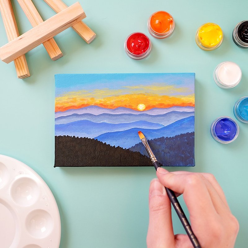 [Acrylic painting] DIY material package video teaching beginners can enjoy sunset mountain scenery - วาดภาพ/ศิลปะการเขียน - อะคริลิค สีน้ำเงิน