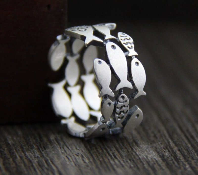 Real S990 Fine Silver Women Lovely Fishes Rings Handmade Engrave Animal Finger - 戒指 - 純銀 銀色