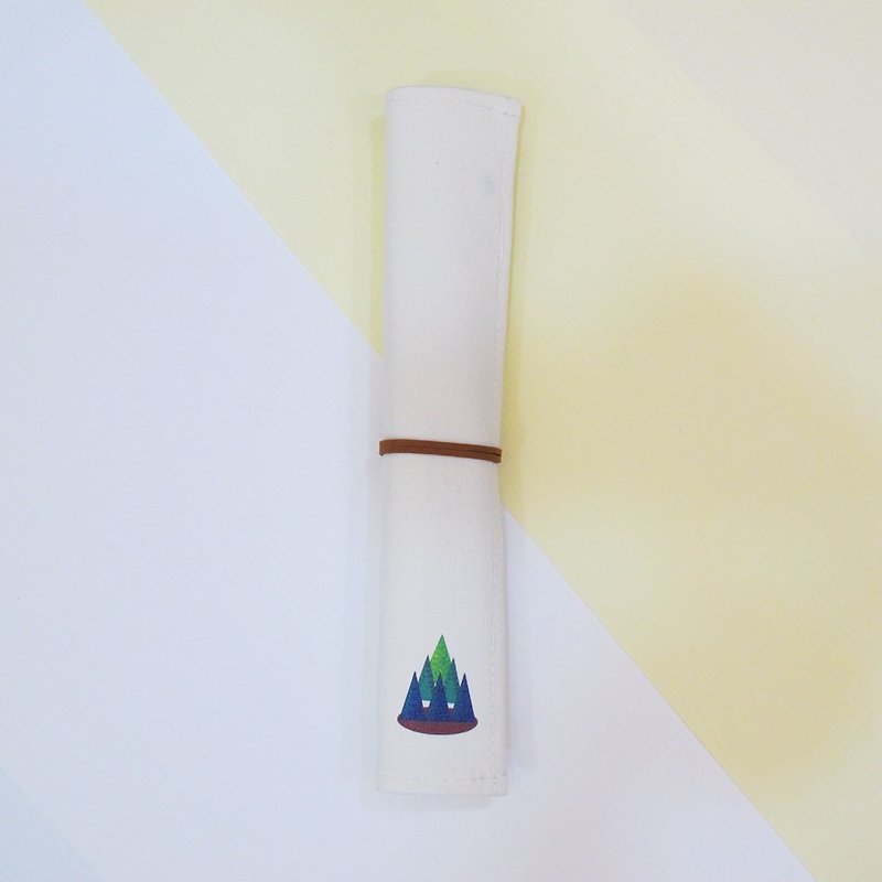 環保餐具 帆布收納套袋組 含筷子湯匙 森林樹木插畫 - 筷子/筷架 - 棉．麻 白色