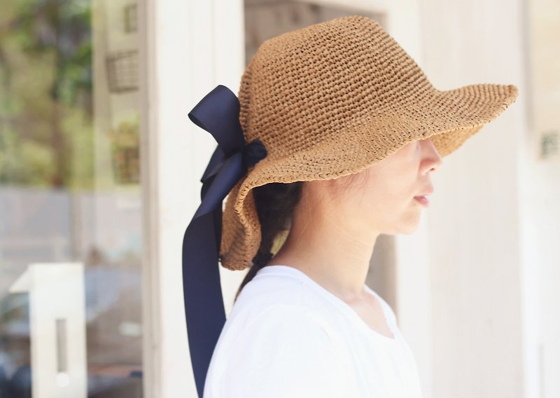 Handmade Handmade. hand made. Summer French braided bow straw hat - Hats & Caps - Paper Brown