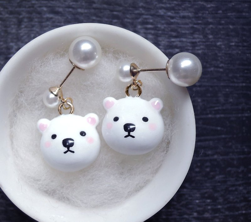 Come to a bowl of tumbling glutinous rice balls, polar bear baby, handmade earrings, earpins, spiral Clip-On - ต่างหู - พลาสติก ขาว