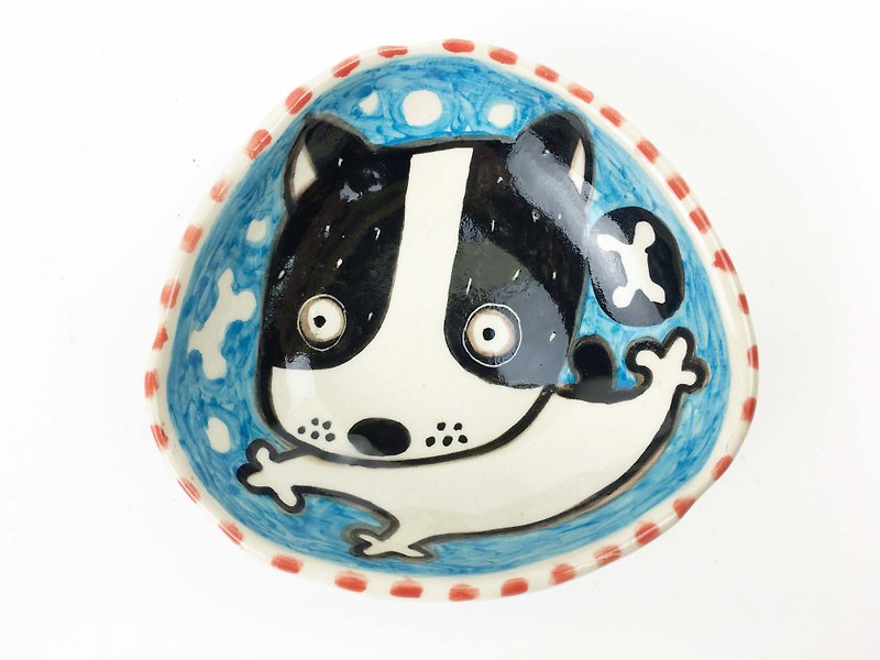 Nice Little Clay hand-painted small plate _ cute dog 112538 - จานเล็ก - ดินเผา สีน้ำเงิน