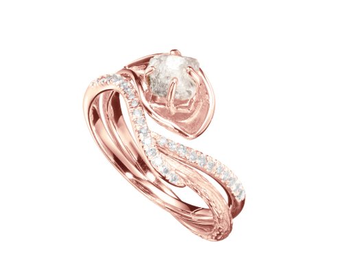 Majade Jewelry Design 14k金鑽石鑽胚馬蹄蓮結婚戒指組合 海芋花原石密鑲求婚戒指套裝