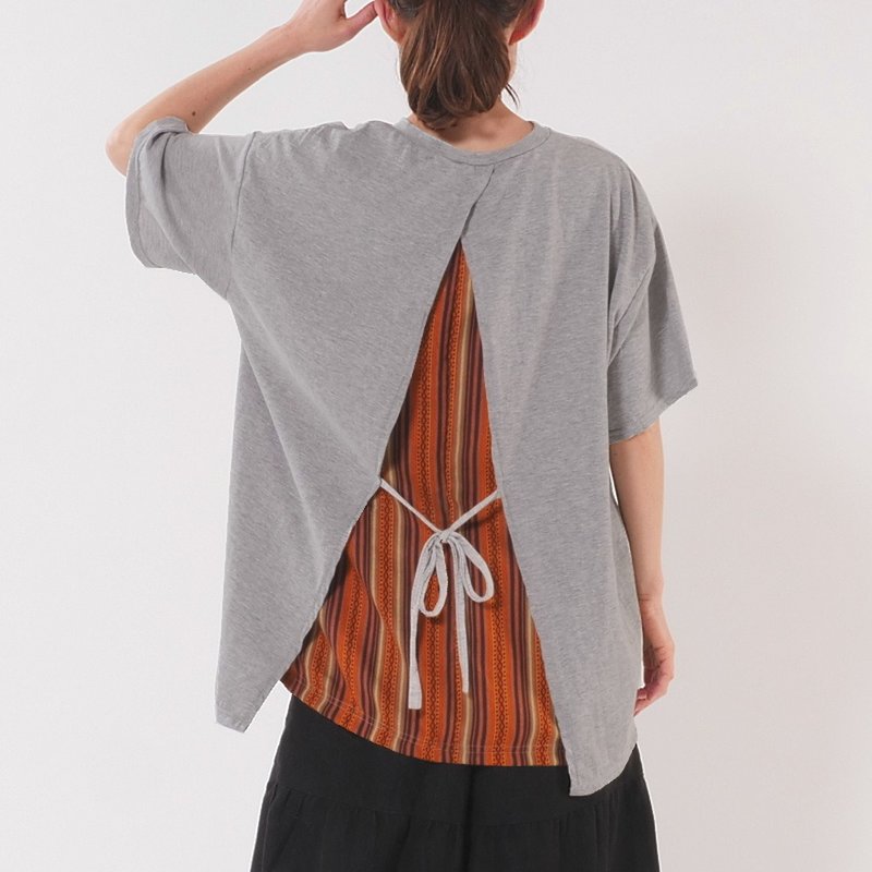 Ribbon arrangement design, layered look, drop shoulder 5/8 sleeve, cut and sewn T-shirt, tunic, d-tp519 - Women's T-Shirts - Cotton & Hemp Multicolor