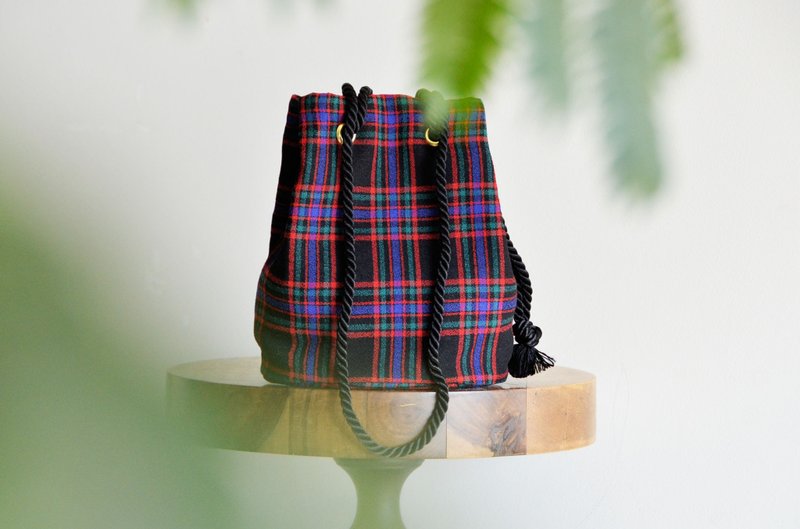 数量限定! ウールタータンチェック　2way ポシェットマリンバッグ　ミニショルダー　ネオン　クリスマスギフト・ご褒美 - 側背包/斜背包 - 棉．麻 黑色