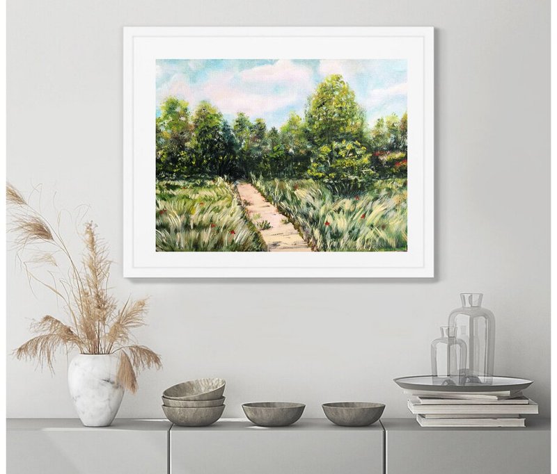 风景油画自然艺术领域树木道路路径郁郁葱葱的草夏季绘画18x24厘 - 壁貼/牆壁裝飾 - 其他材質 多色