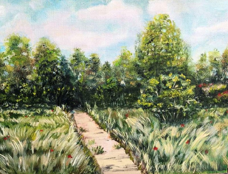 Landscape Oil Painting Art of Nature Fields Trees Roads Trails Lush Grass Summer - ตกแต่งผนัง - วัสดุอื่นๆ หลากหลายสี