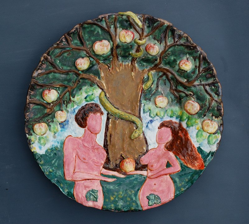 Adam and Eve Large ceramic plate Wall decorative plate Abstract art - 花瓶/花器 - 陶 多色