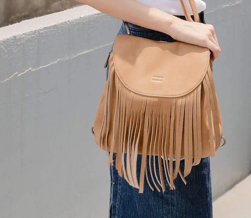 Draped tassel side back back dual-use bag brown - Messenger Bags & Sling Bags - Genuine Leather Khaki