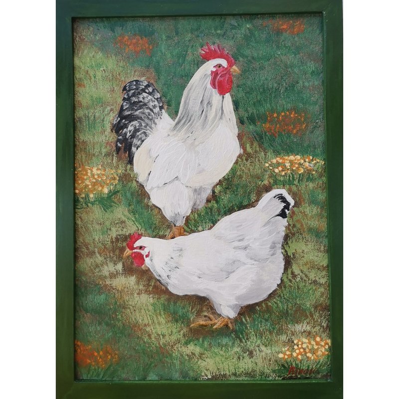 Rooster And Hen Rural Landscape Original Framed Wall Art By RinaArtSK - Wall Décor - Other Materials Multicolor