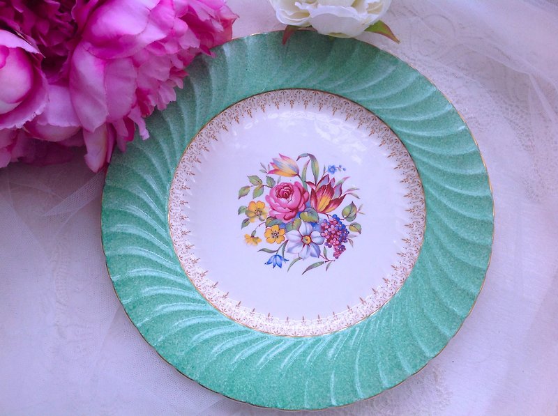 ♥ Anne Crazy Antique ♥ British Bone Porcelain 1950 Hand-painted Flower Cake Plate ~ Romantic Afternoon Tea Set - Other - Porcelain Green