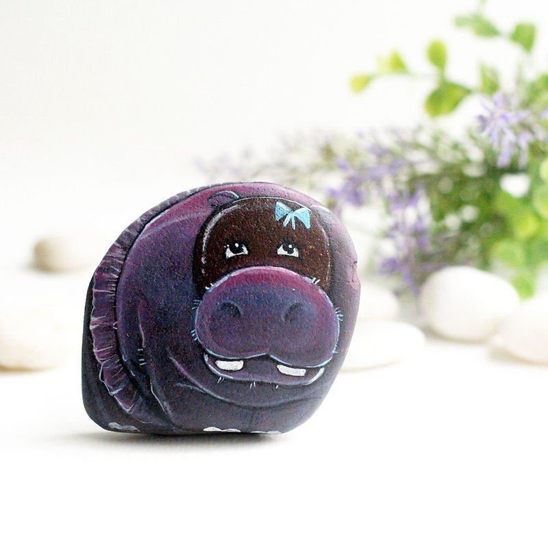 Hippo Stone Painting. - Stuffed Dolls & Figurines - Stone Purple