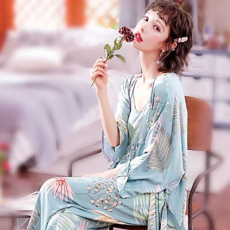 。莫蘭迪物語。三件套微露性感唯美V領睡衣超仙棉綢開衫家居服 - 睡衣/居家服 - 絲．絹 