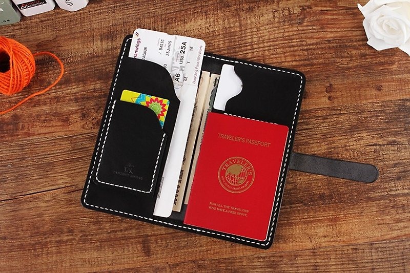 【切線派】日式純手工便攜式牛皮護照長款錢包008款黑色 - 長短皮夾/錢包 - 真皮 咖啡色