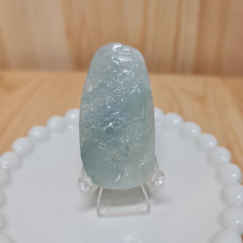 Old material sky blue shallow carving landscape | Natural Burmese jade A grade jade - Charms - Jade 