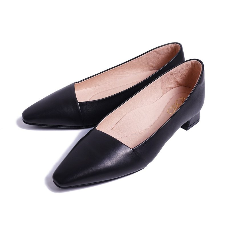 氣質拼接感柔軟粗跟包鞋古黑色 - 高跟鞋/跟鞋 - 真皮 黑色