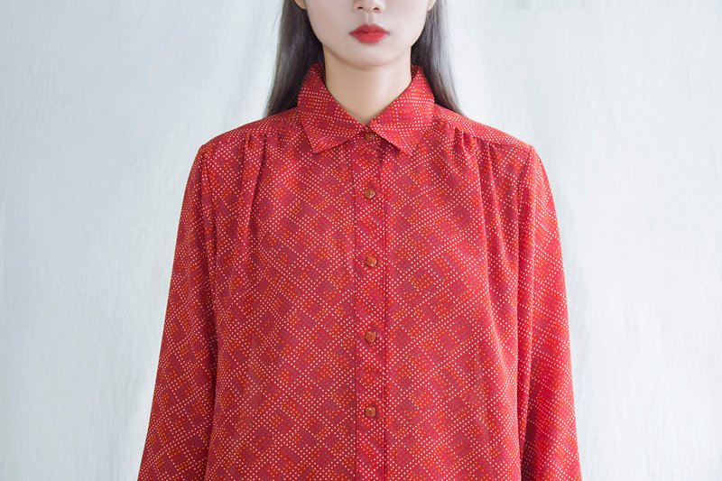 Red rhombic little old-fashioned long-sleeved shirt - Women's Shirts - Polyester Red