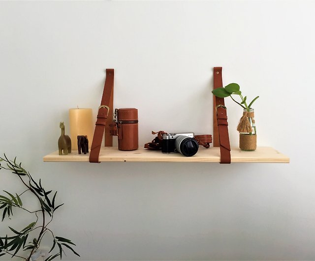 Leather Strap Wood Floating Wall Shelf, Headboard With Floating Shelves