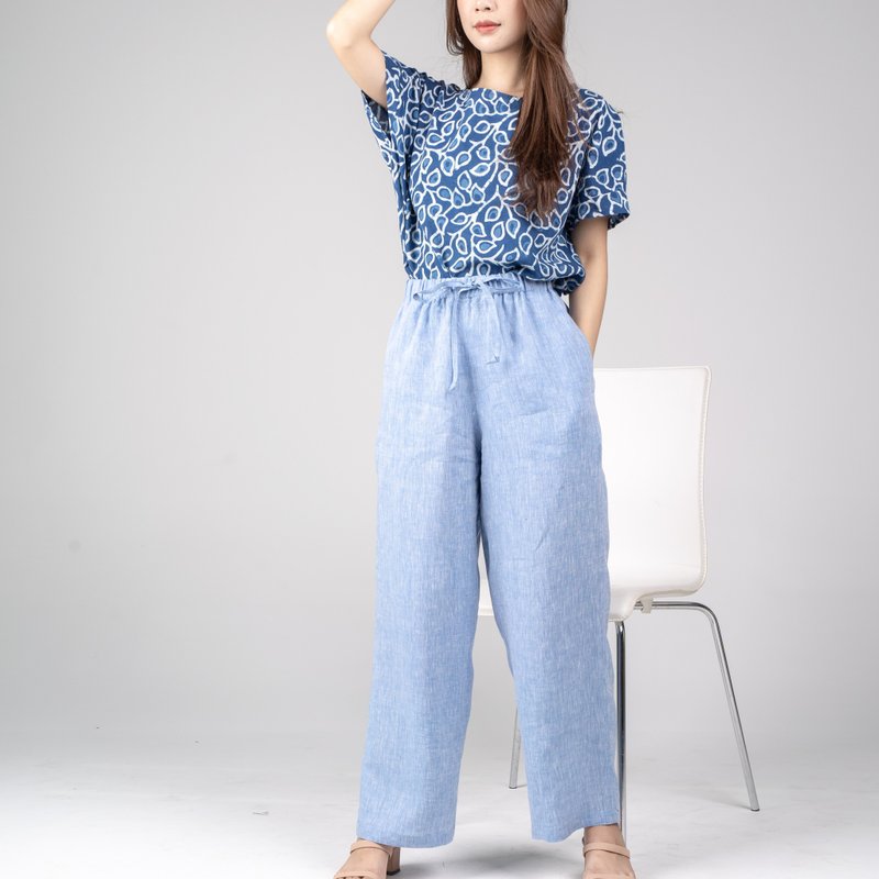Natural Linen Pants Drawstring Waist and Pockets - Light Blue - 女長褲 - 亞麻 藍色