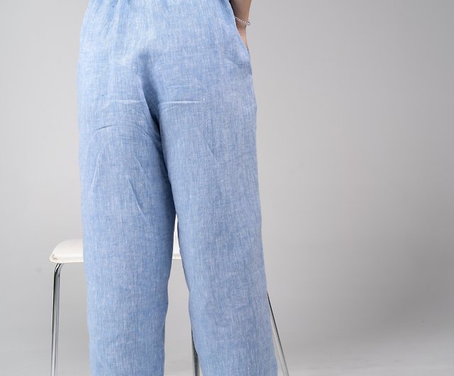 Natural Linen Pants Drawstring Waist and Pockets - Light Blue