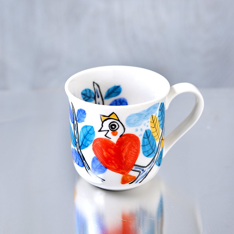 Red heart bird mug and blue leaves talking on the treetop - Mugs - Porcelain Red