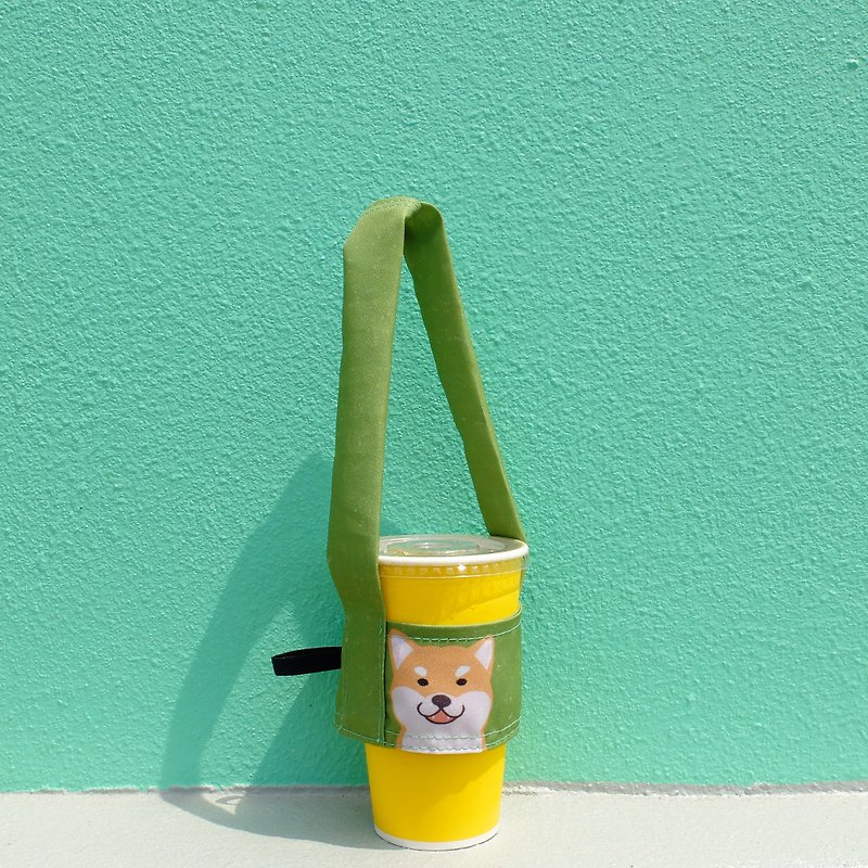 柴犬好可愛噢,飲料提袋(可收納吸管) - 杯袋/飲料提袋 - 棉．麻 綠色