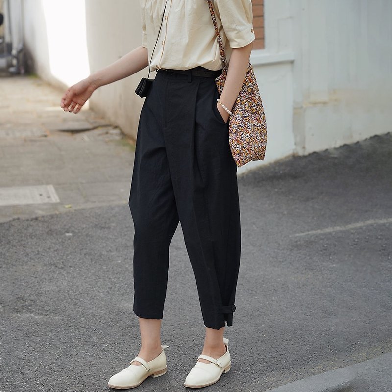 Black elastic waist pantyhose | pants | summer models | two wear | imported cotton Linen| Sora-740 - กางเกงขายาว - ผ้าฝ้าย/ผ้าลินิน สีดำ