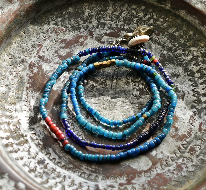 Long Necklace with Naga Antique Beads, Gold-Red White Hearts, and Old Orissa Brass with a Shell Bead Clasp - สร้อยคอ - เครื่องเพชรพลอย สีน้ำเงิน