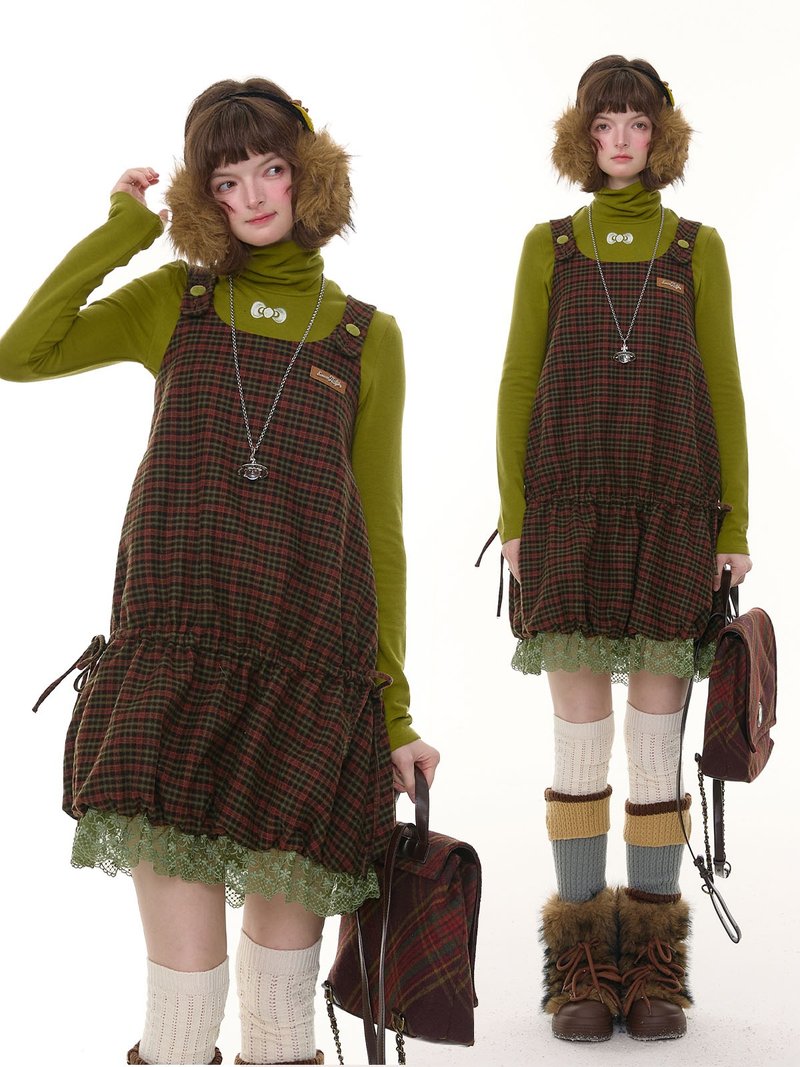 ziziFei秋冬季美式復古新款設計感紅色格紋蕾絲下擺背心連衣裙女 - 洋裝/連身裙 - 其他材質 