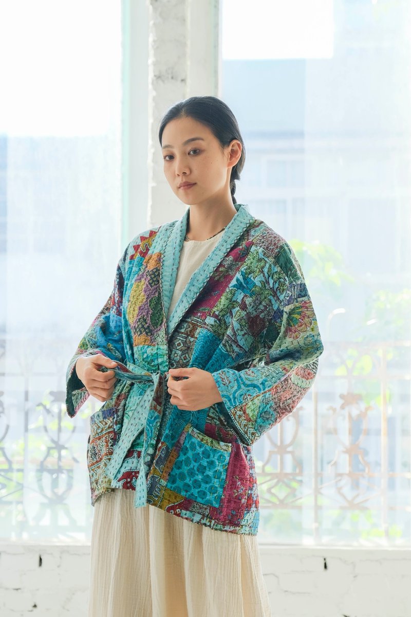 坎塔刺繡兩面穿中性和式外套 淡藍 - 女大衣/外套 - 棉．麻 藍色