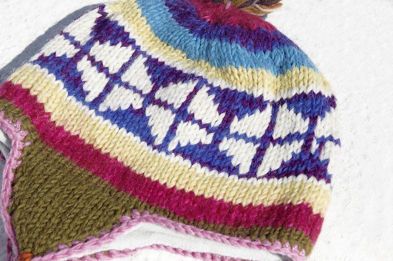 Christmas gift exchange gifts creative gift limited edition handmade knitted wool hat / handmade wool cap / knitted wool cap / flying cap / wool cap - blue purple gradient rhombus Eastern Europe national rainbow - หมวก - ขนแกะ หลากหลายสี