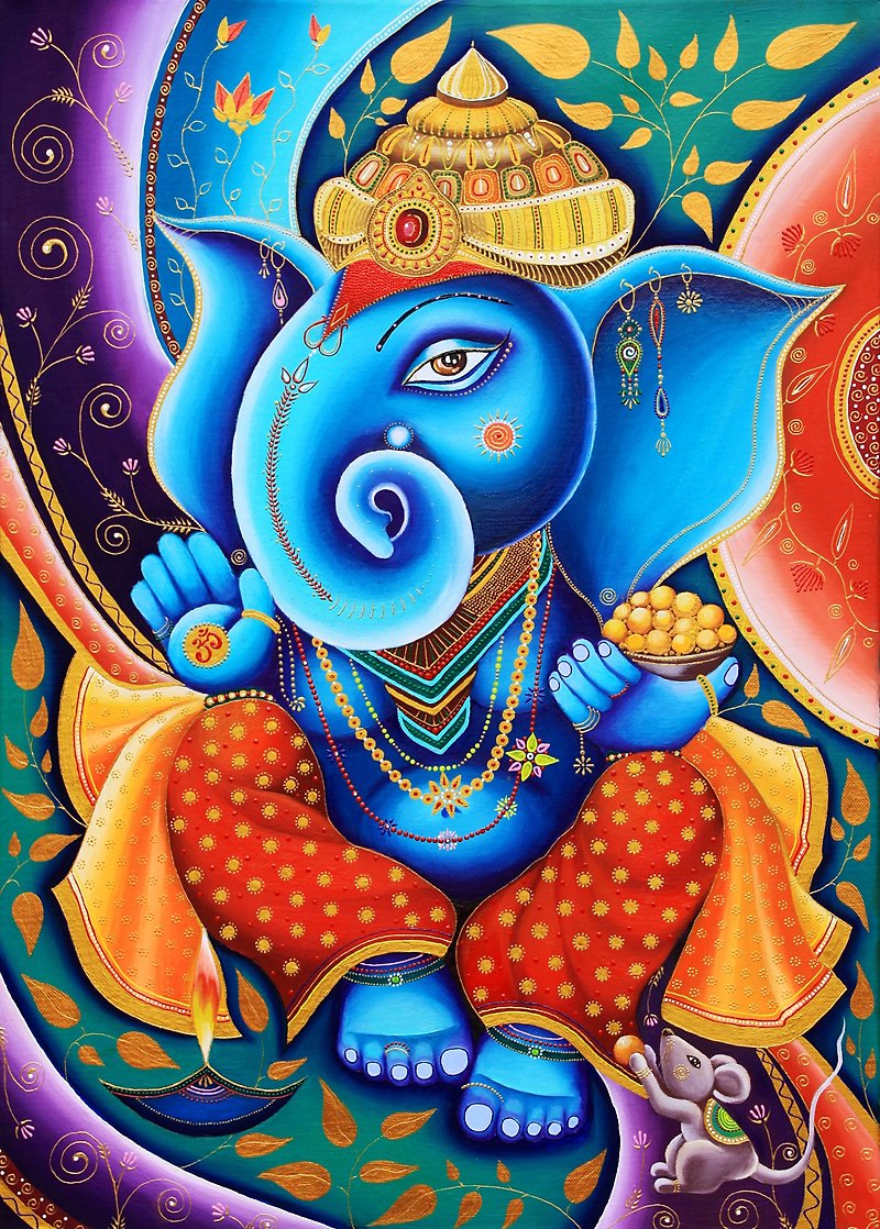 Ganesha Painting Indian Original Art Ganapati Wall Art Elephant Artwork 50by70cm - โปสเตอร์ - วัสดุอื่นๆ สีน้ำเงิน