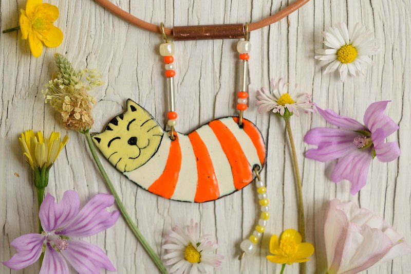 Enamel Cat, Enamel Necklace, Cat Necklace, Orange Cat, Orange, Boho Cat, Striped - Necklaces - Enamel Orange
