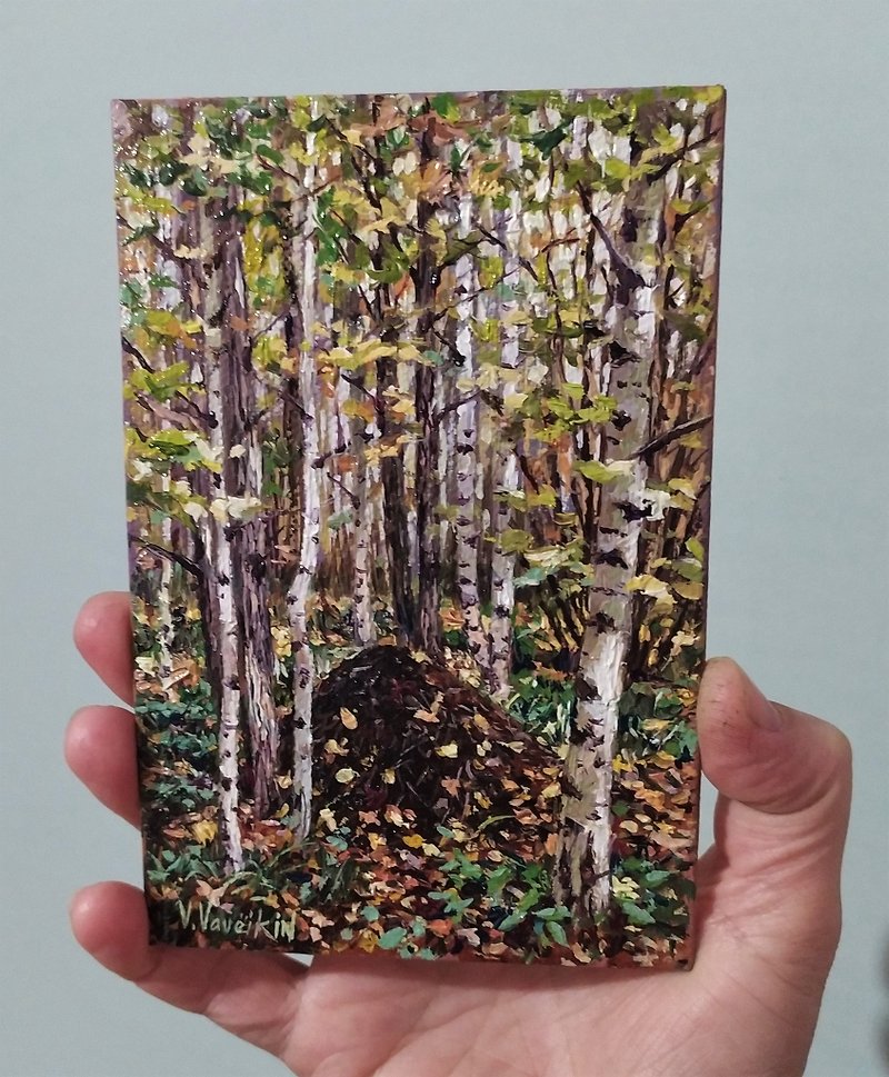 森の絵画 オリジナル油絵 小さな秋の風景画 6x4インチ - ウォールデコ・壁紙 - コットン・麻 グリーン