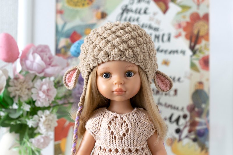 Lamb hat for 13 inch Paola Reina doll, Meadowdoll Dumpling, animals hat, 针织帽 - 寶寶/兒童玩具/玩偶 - 棉．麻 卡其色