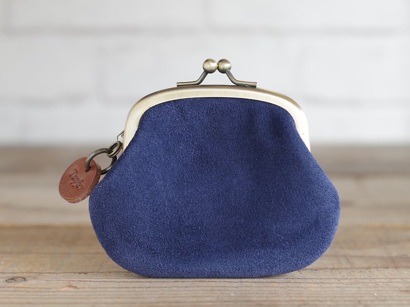 Velour Leather Coin Kiss lock bag Navy - Coin Purses - Genuine Leather Blue