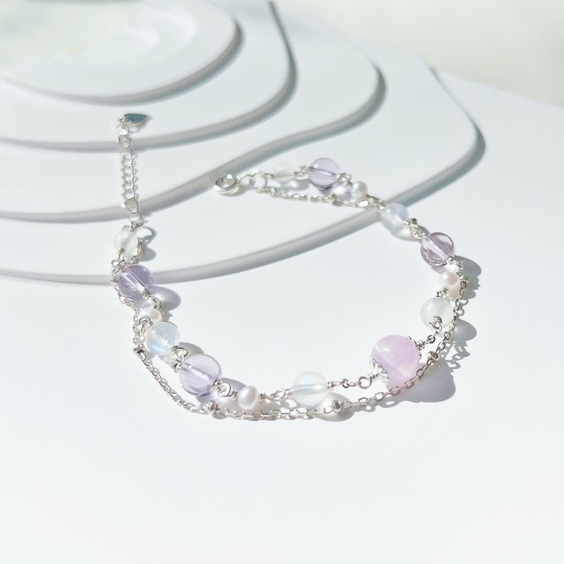 Lithium Amethyst Moonstone Natural Freshwater Pearl 925 Sterling Silver Double Layer Bracelet Natural Crystal - สร้อยข้อมือ - คริสตัล สีม่วง