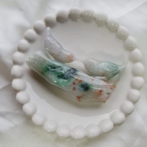 緣圓翡翠 冰細糯三彩比翼雙飛擺件 |天然緬甸玉A貨翡翠