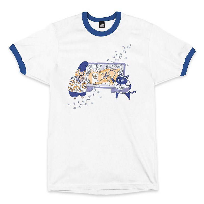 Yixiu Catch the Tiger-Piping White and Blue-Unisex T-shirt - Men's T-Shirts & Tops - Cotton & Hemp White