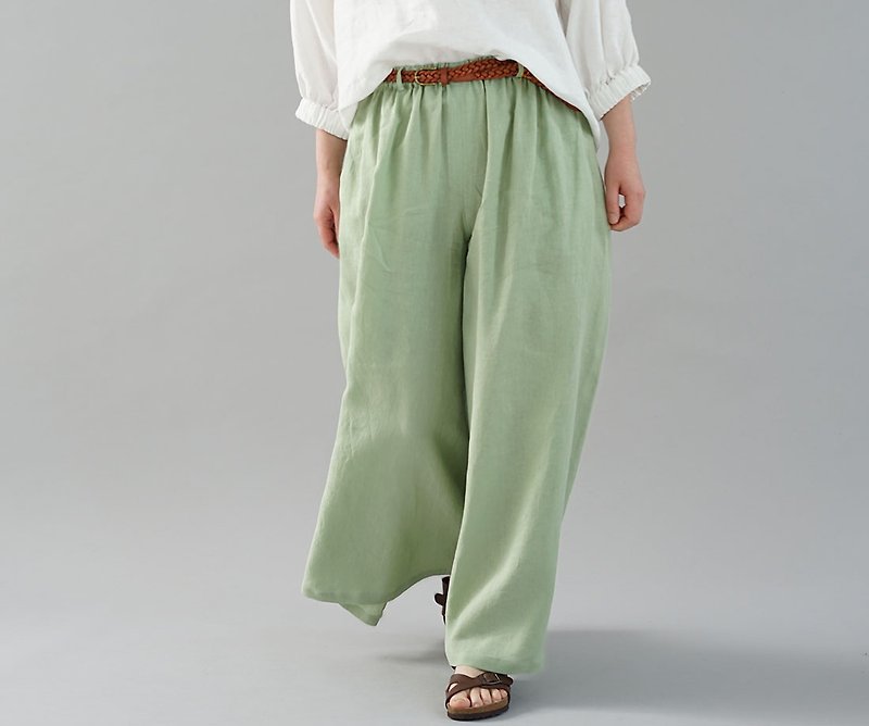 wafu  linen wide pants / gaucho / long length / elastic waist / green b002g-meg1 - กางเกงขายาว - ผ้าฝ้าย/ผ้าลินิน สีเขียว