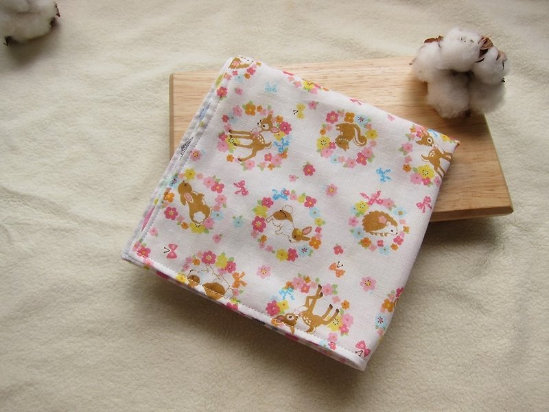 Japanese cotton gauze handkerchief - Plum deer children (white double yarn) - ผ้ากันเปื้อน - ผ้าฝ้าย/ผ้าลินิน ขาว