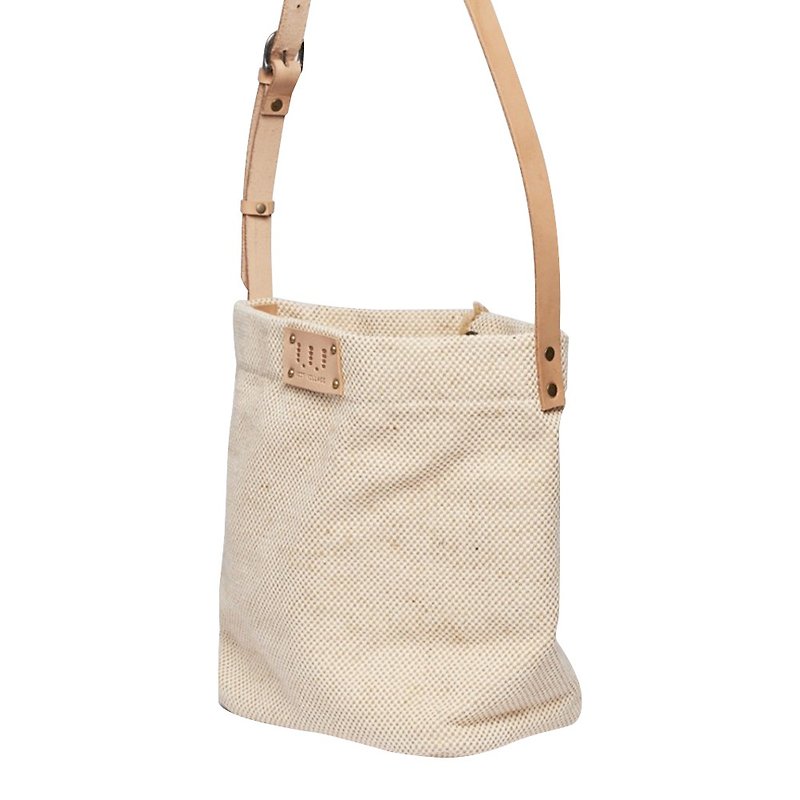 Washed Drum Bag / Street Bucket Bag / Cow Leather Sling / Beige - Messenger Bags & Sling Bags - Cotton & Hemp Khaki