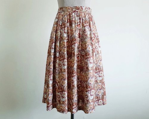 PaiissaraEveryday 24 Waist Vintage Brown Abstract Print Skirt Womens Pleated Cotton Midi Skirt XS