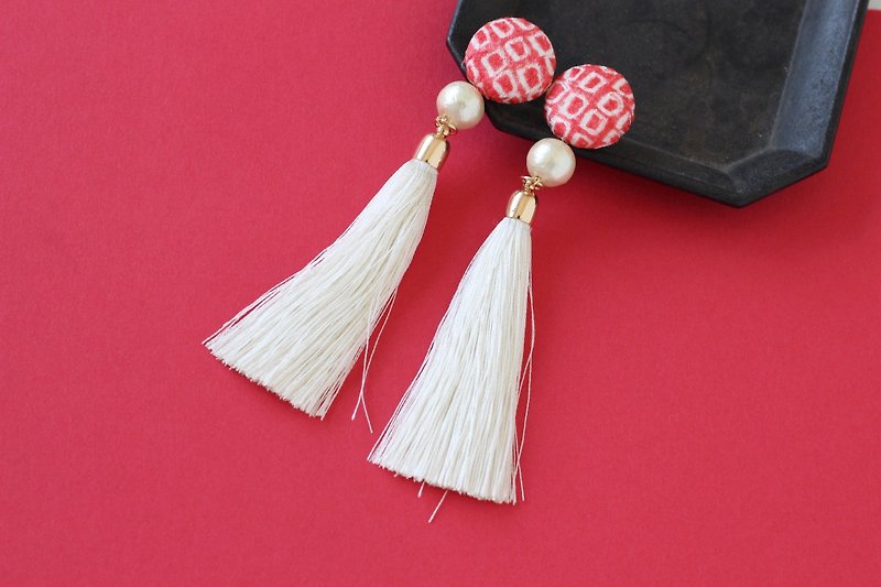 long tassel earrings, button earrings, Japanese accessory, cotton pearl - Headbands - Silk Red