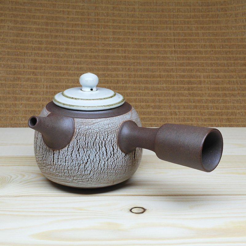 刷毛裂紋桶型潤白蓋側把茶壺 手作陶藝 茶道具 - 茶具/茶杯 - 陶 咖啡色